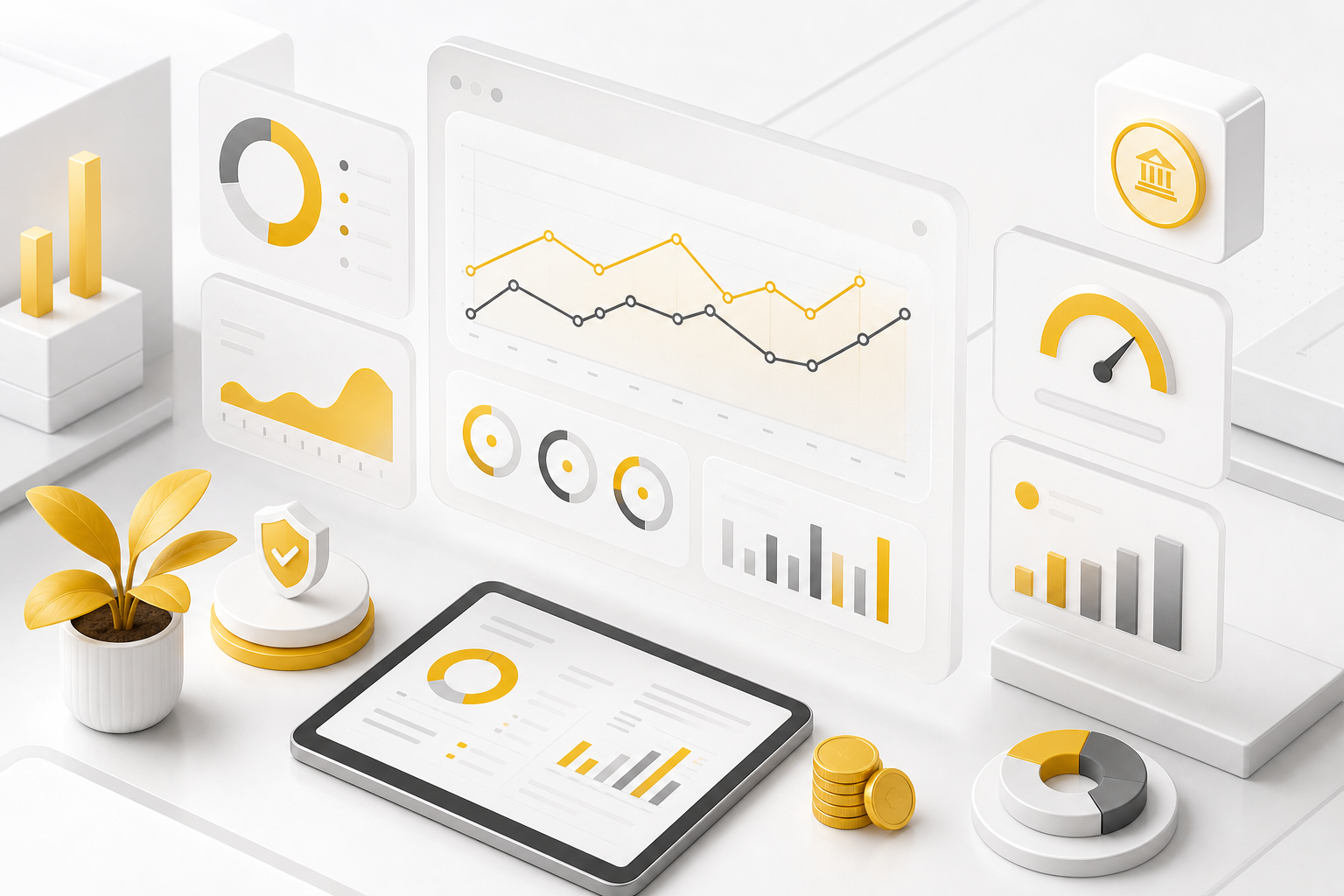Financial analytics illustration, mint and teal tones